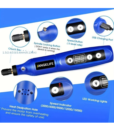 [Blue-24pcs] JANGKLIFE USB Kit d\'outils rotatifs sans fil stylo de gravure sur bois bricolage p