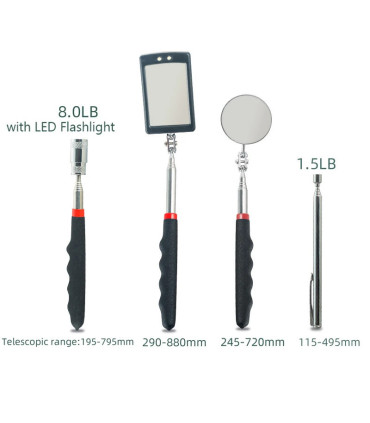 [4Pcs] Ensemble d\'outils de ramassage magnétique télescopique, miroir d\'inspection, lampe de po