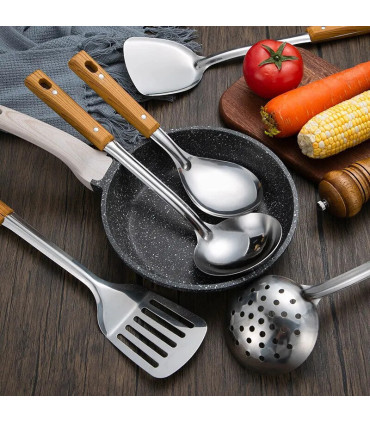 [Spoon] Spatule à manche en Imitation de Grain de bois en acier inoxydable, pelle qui fuit, cui