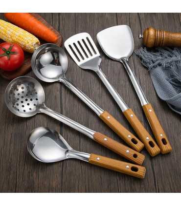 [Rice spoon] Spatule à manche en Imitation de Grain de bois en acier inoxydable, pelle qui fuit