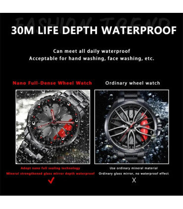 [Silver Red] Montres de roue de voiture en acier inoxydable pour hommes, montre-bracelet à quar