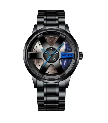 [Blue] Mode hommes voiture roue montres de luxe en acier inoxydable montre étanche pour hommes 