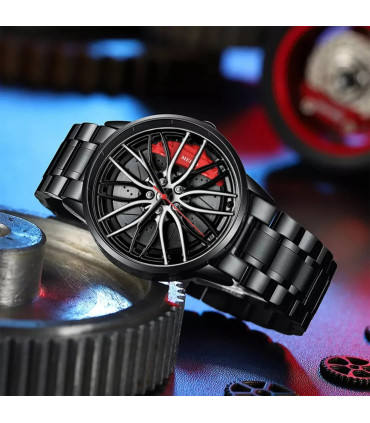 [Black D] Montres de voiture pour hommes, montre-bracelet à Quartz étanche en acier inoxydable,