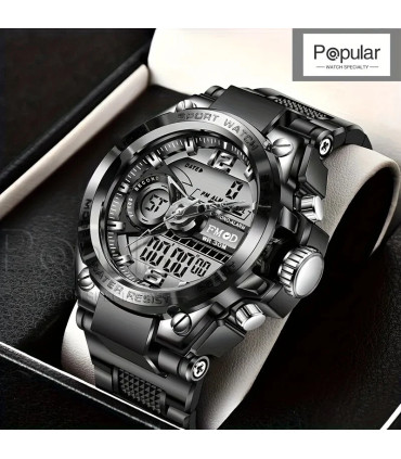 [Bleu] Montre-bracelet militaire numérique en acier pour hommes, horloge à Quartz LED, montre d