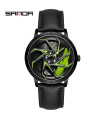 AKIMANIA.COM - [Leather Black Green] SANDA - Orologio sportivo impermeabile in acciaio inossidabile per uomo, ghiera verde.