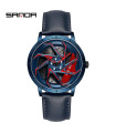 AKIMANIA.COM - [Leather Blue Red] SANDA-Waterproof stainless steel sports watch for men, car rim