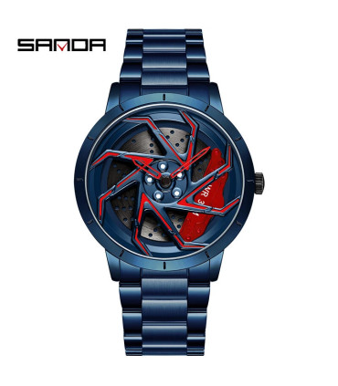 [Steel Blue Red] SANDA-Montre de sport étanche en acier inoxydable pour homme, jante de voiture