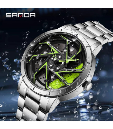 [Steel Black Green] SANDA-Montre de sport étanche en acier inoxydable pour homme, jante de voit