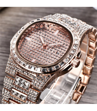 [Black Oui] Montre de luxe vintage pour homme, bracelet en alliage, diamant, doré, date, quartz