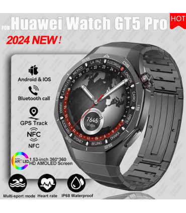 [GPS NFC Watch GT5Pro Black leather] Nouveau pour Huawei montre GT5 Pro montre intelligente HD 